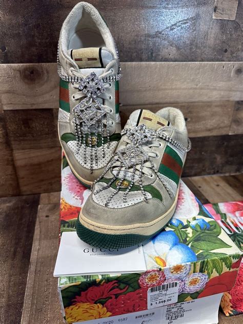 damaged gucci sneakers|Gucci screener sneakers with crystals.